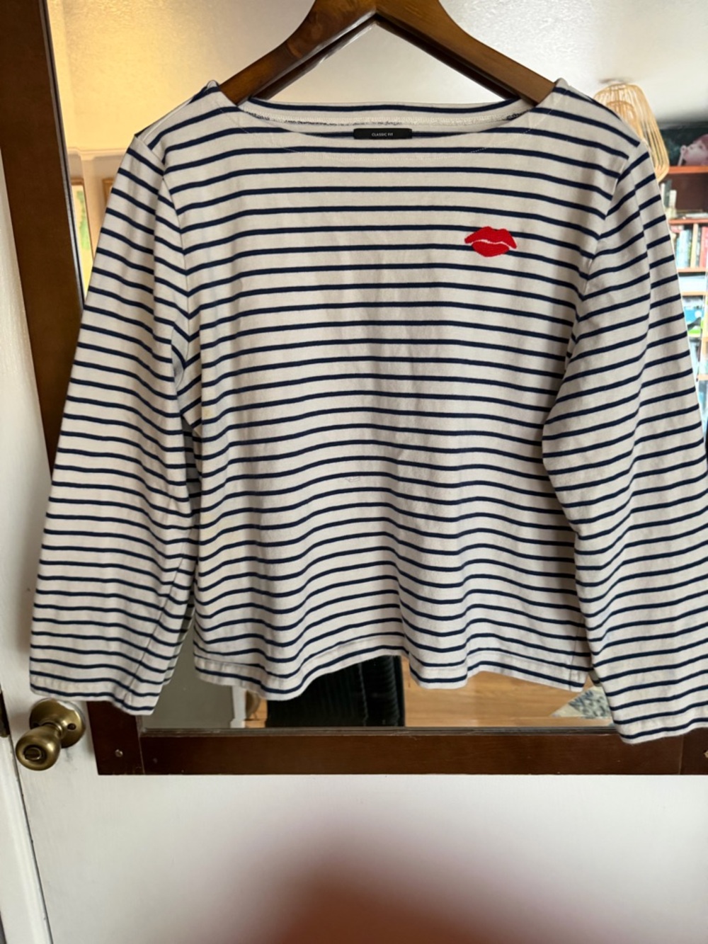 J. Crew Cream & Navy Striped Long Sleeve Top with Red Lip Accent